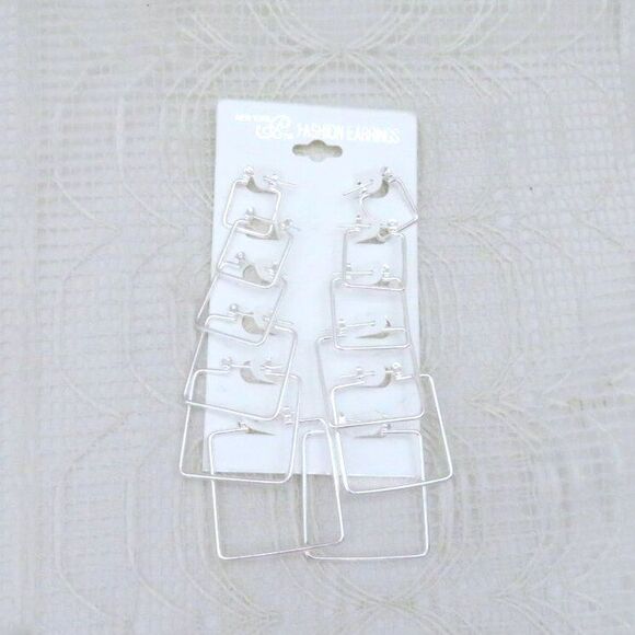 Silver Toned Square Earrings Women Leverback Set of 6 Fashion Earrings MultiSize - Picture 5 of 10